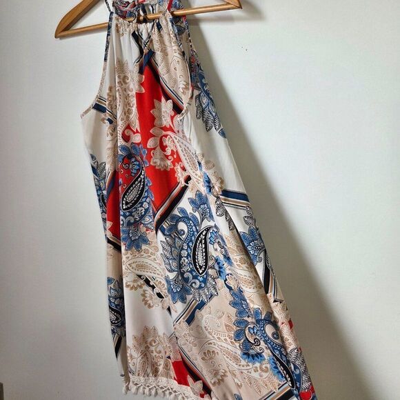 NEVER WORN SHEIN HALTER FRINGED BOHO PAISLEY HANKY SHORT DRESS SZ LARGE - Picture 3 of 14
